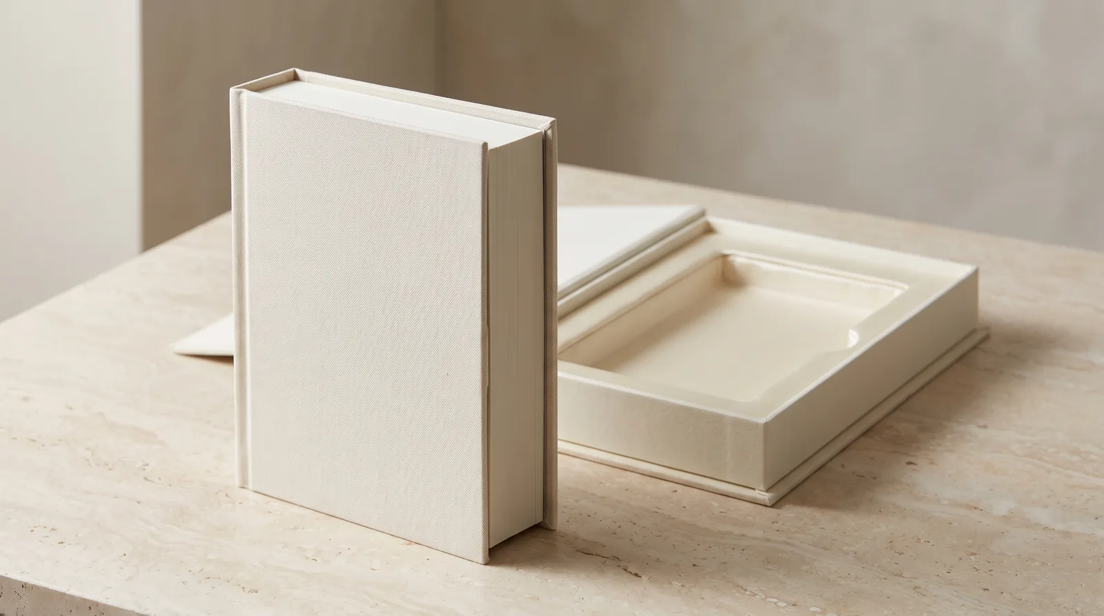 A cloth-wrapped book box standing closed to show its spine, beside a second lying open with a fitted recess inside