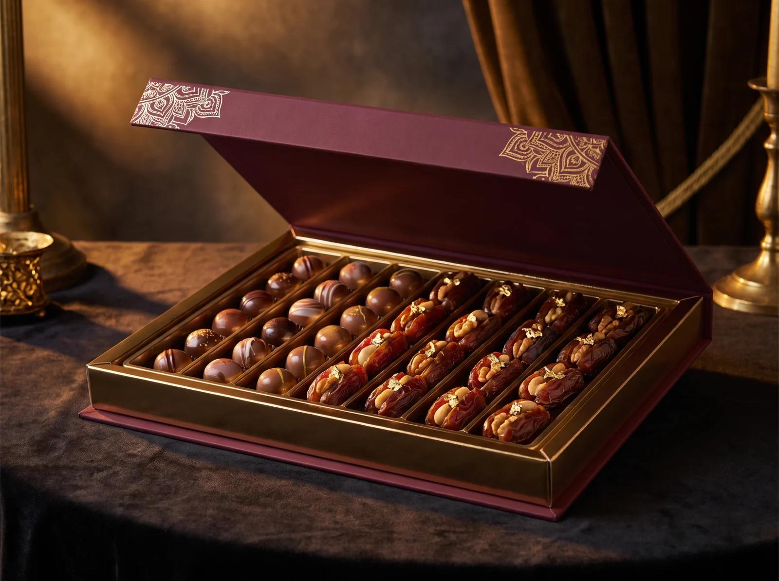 Luxury chocolate and dates gift box — bordeaux rigid box with a gold tray of chocolates and stuffed dates