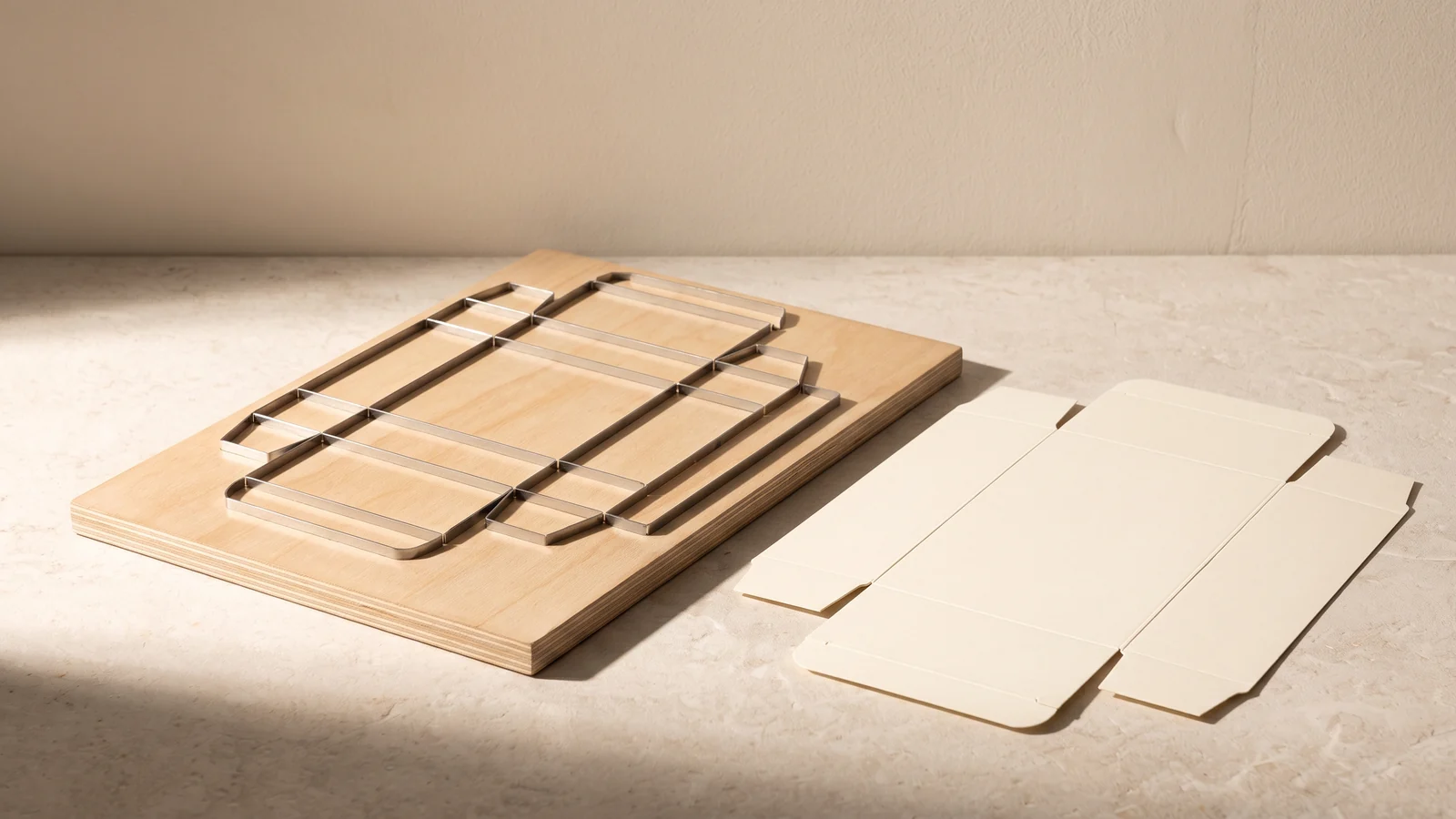 A steel rule cutting forme in plywood beside the flat carton blank it produces