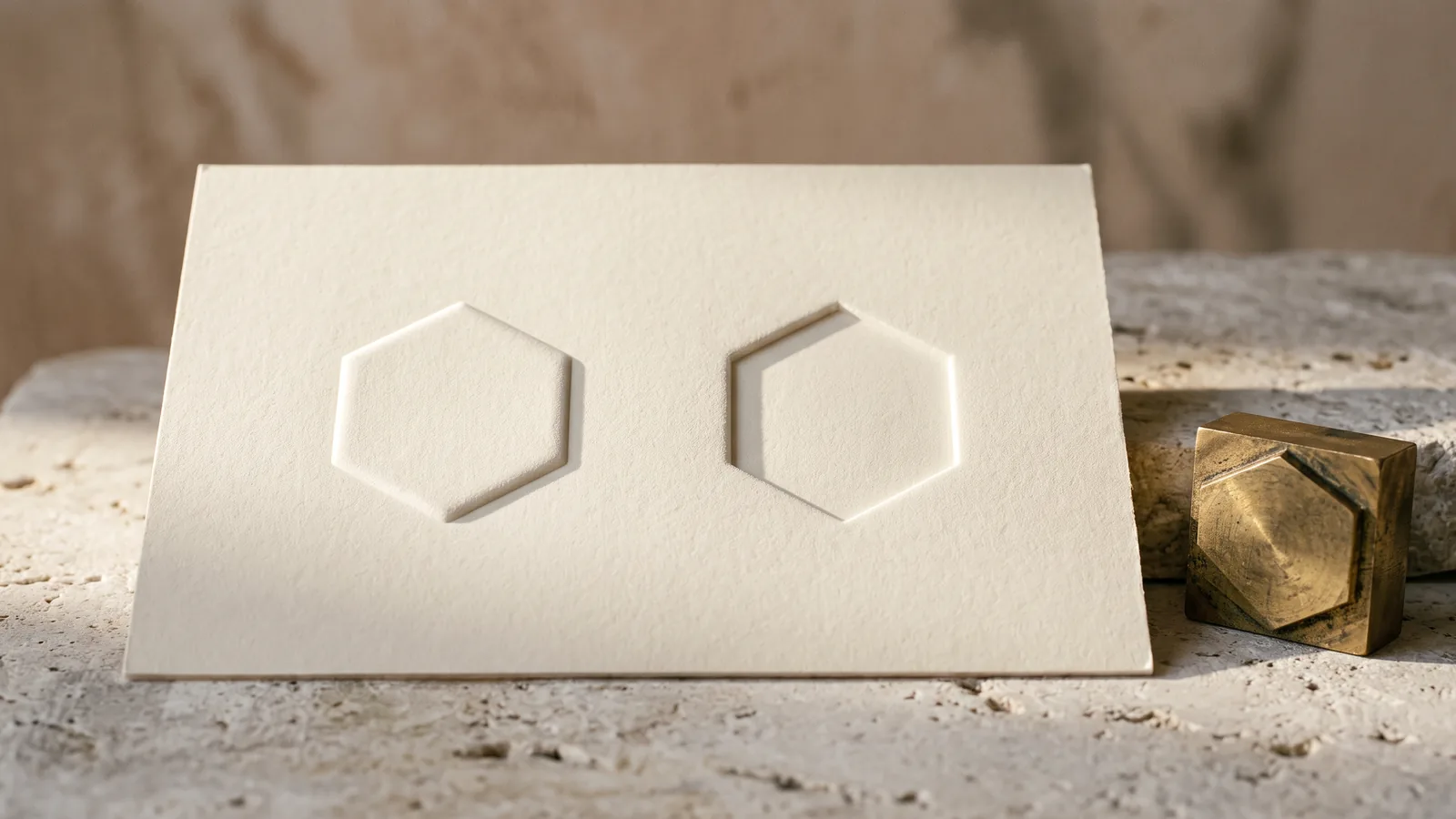 Raked light across an ivory board showing a blind embossed mark raised on one panel and debossed on another