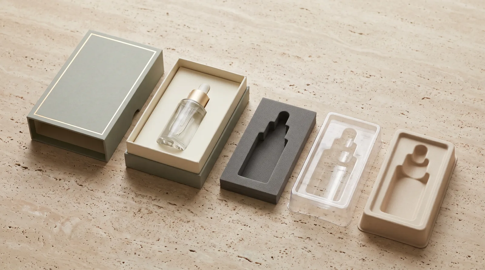 An open rigid box holding a glass serum bottle upright in a fitted tray, with three alternative trays laid beside it
