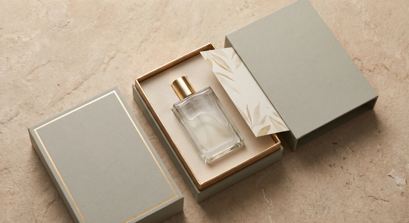 Custom luxury perfume packaging — rigid box with a bottle in a lined cradle and printed insert