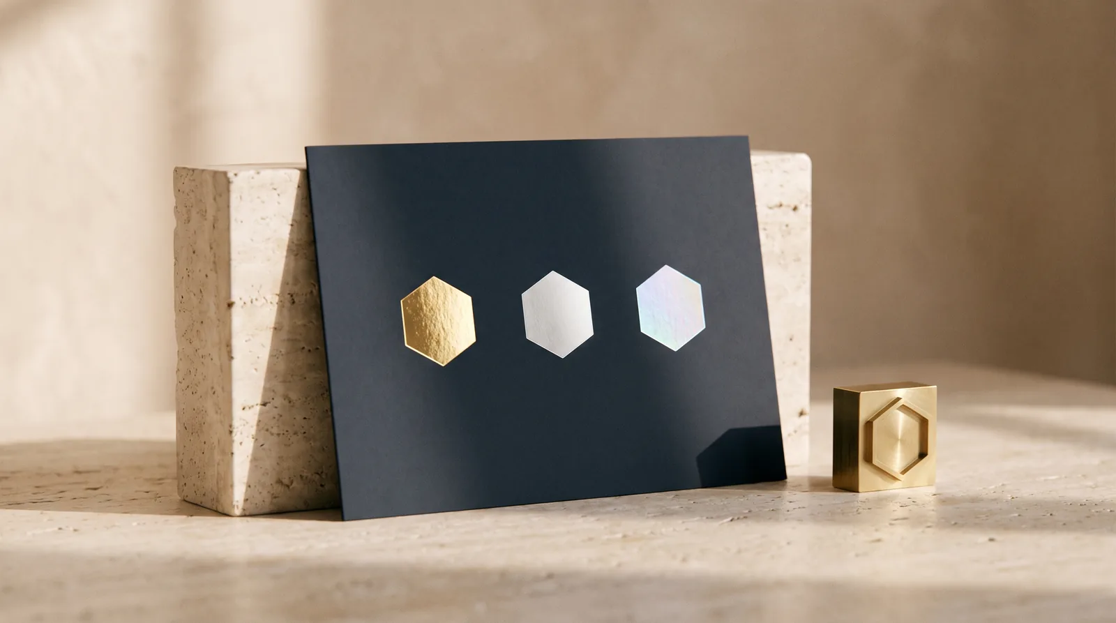 Raking light across a dark board panel showing the same hexagon in gold hot foil, silver cold foil and holographic foil, with a brass stamping die beside it