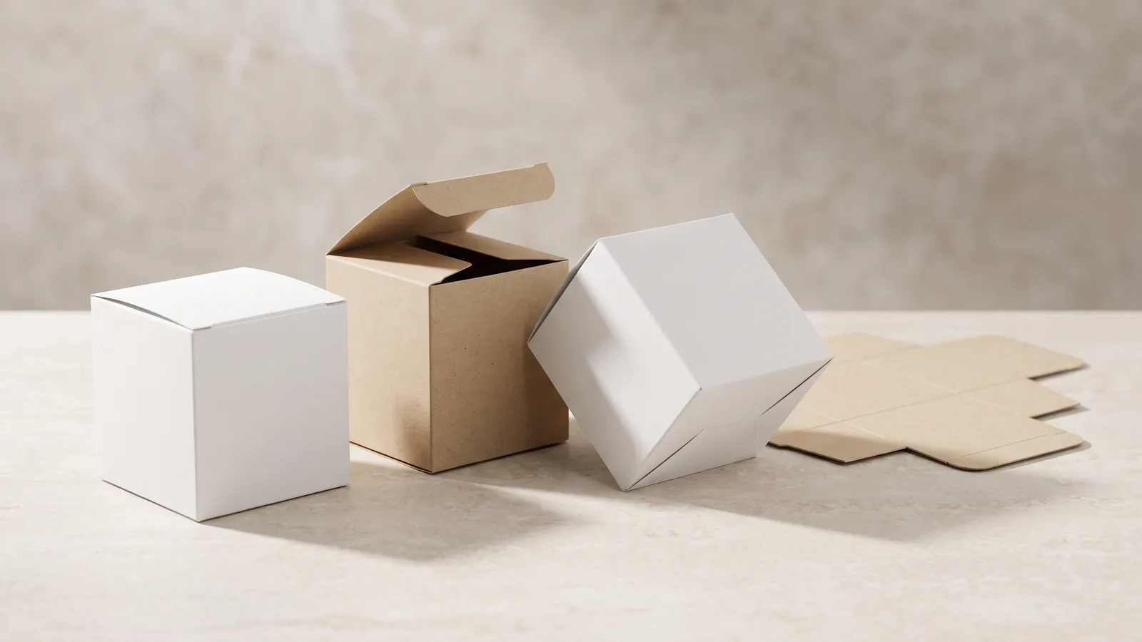 Four unprinted folding cartons on a pale stone surface: one closed in white board, one in kraft with its top tuck open, one tipped to show the base, and one lying flat as a die-cut blank