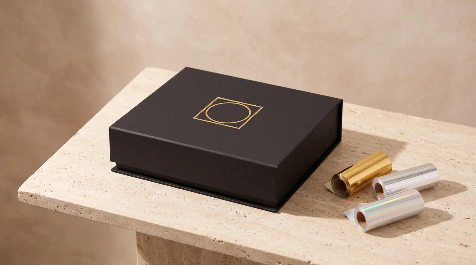 Couvercle de coffret rigide noir orné d'un motif géométrique en dorure à chaud, près de bobines de film or, argent et holographique