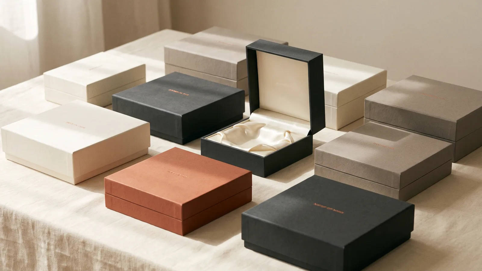 A collection of luxury rigid gift boxes in varied formats and muted tones, one open to a satin lining