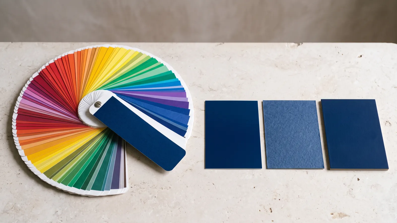 A Pantone fan deck open beside printed board swatches showing the same colour on coated and uncoated stock