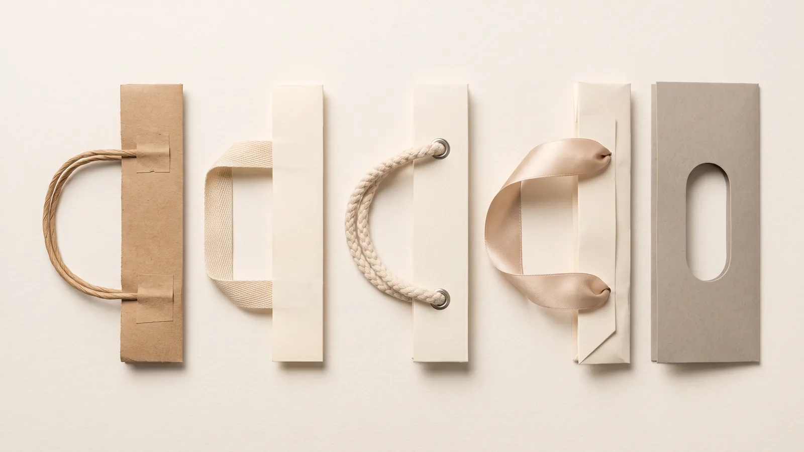 Five paper bag handle types laid side by side: twisted paper, flat paper, cotton rope, satin ribbon and a die cut opening