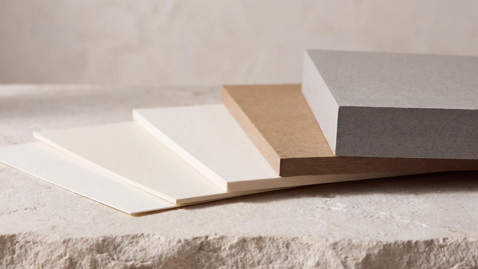 Board samples of increasing thickness fanned to show the difference between weight and caliper