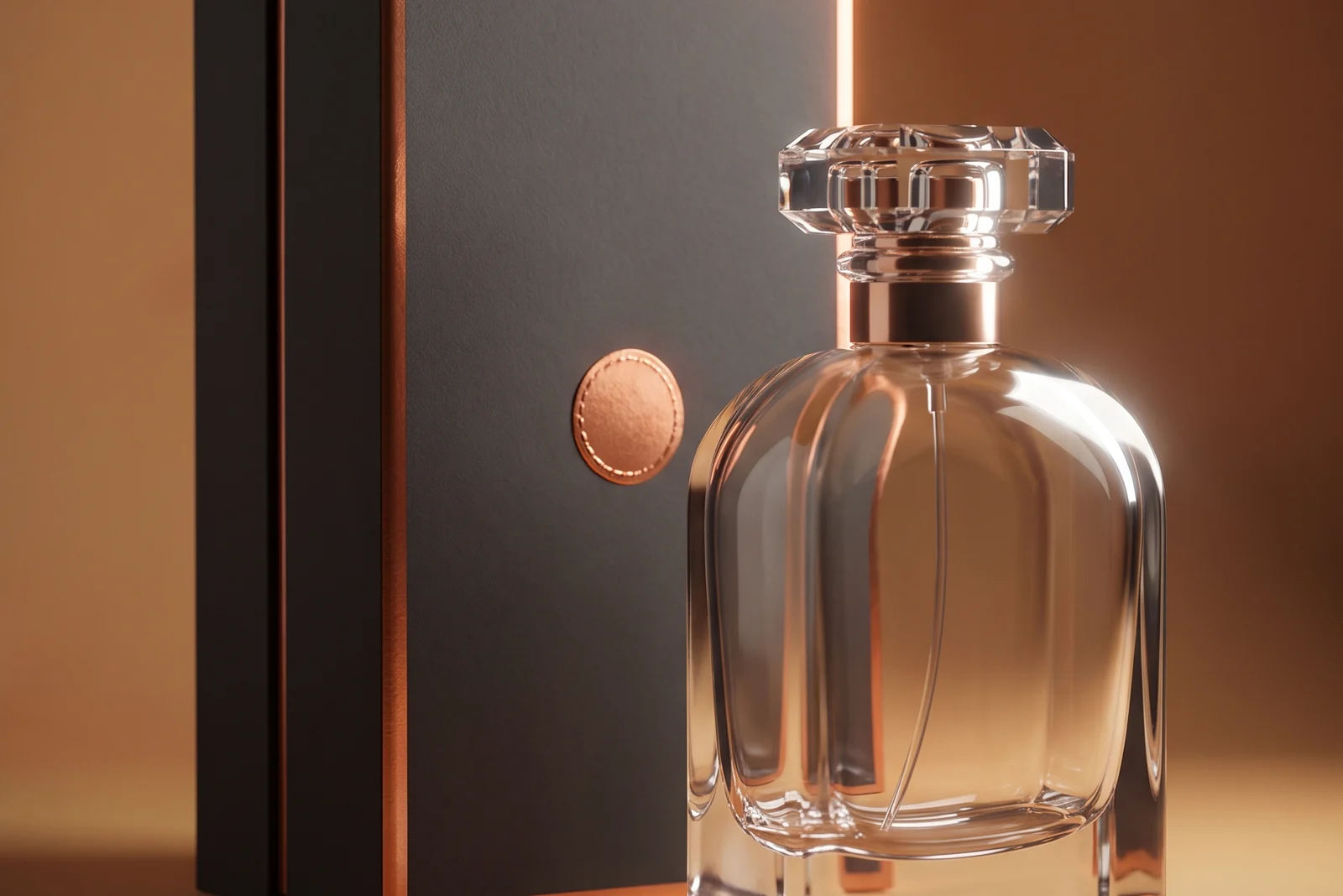 Étui parfum sur-mesure en carton soft-touch noir à filet cuivre, aux côtés du flacon