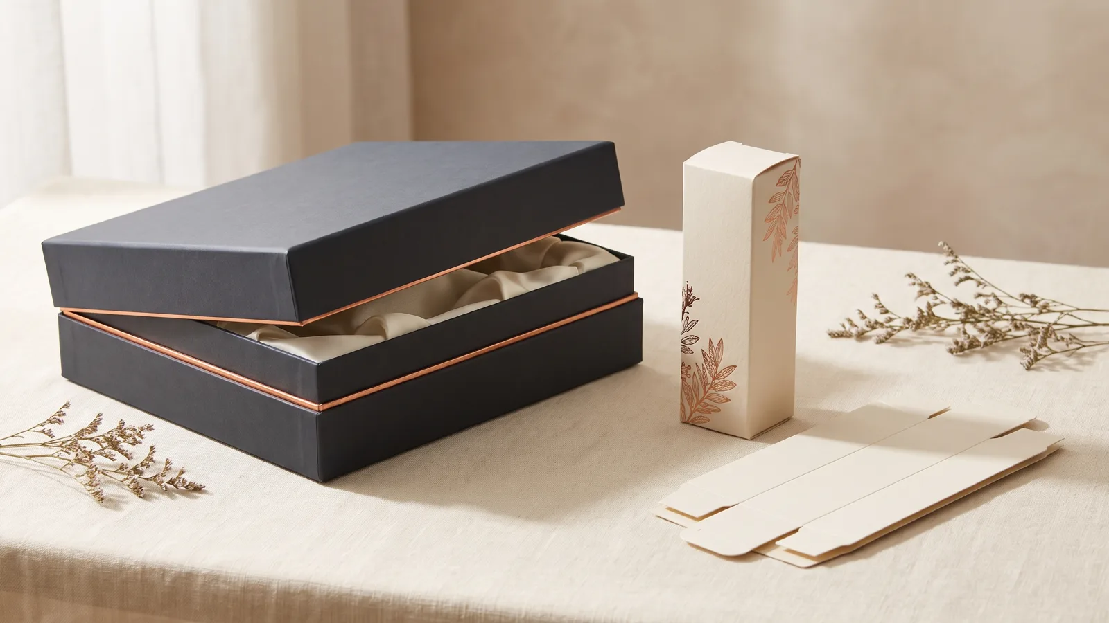 A charcoal rigid box with a magnetic lid open beside an ivory folding carton, one upright and one laid flat