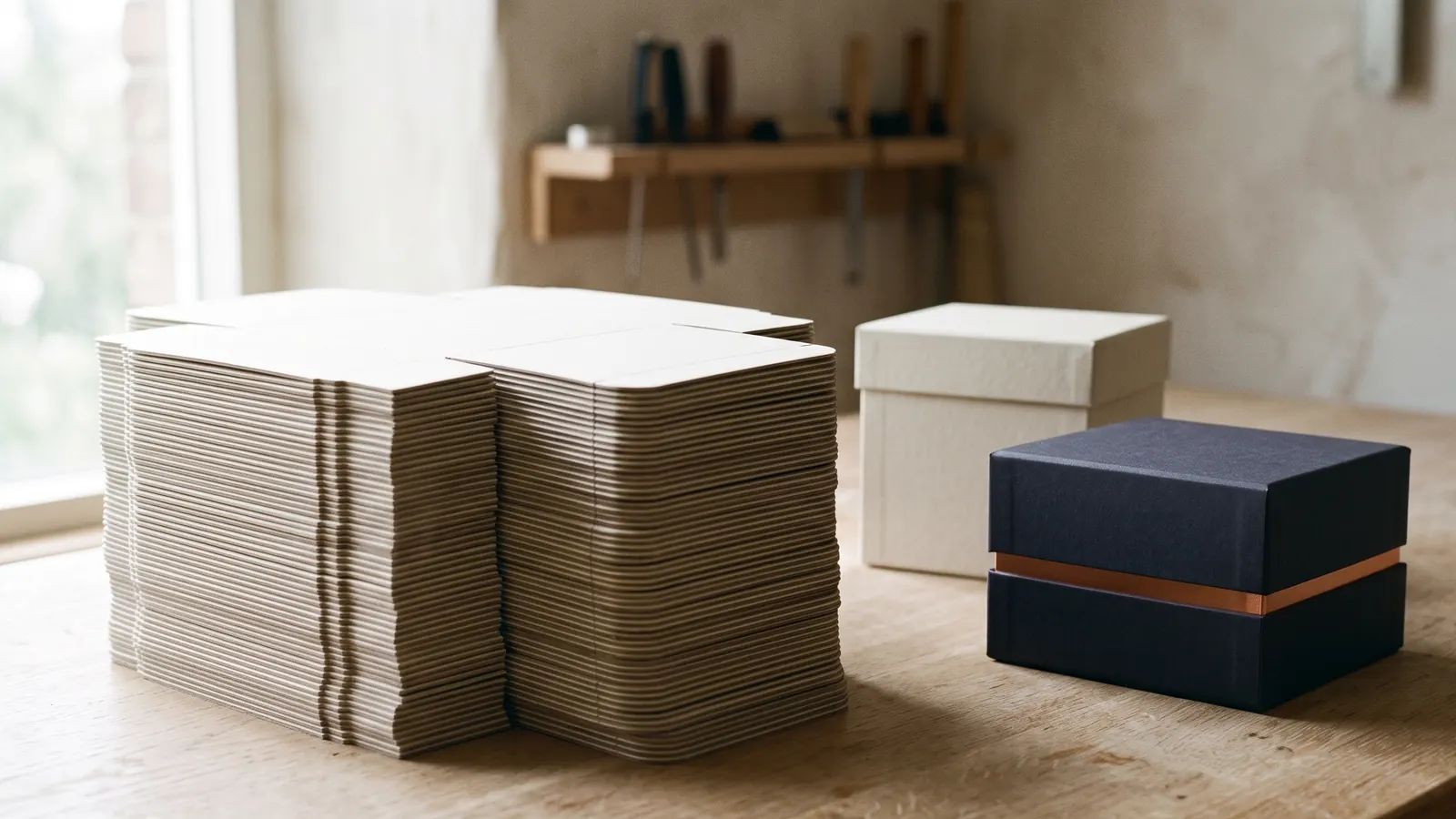Flat-packed folding cartons and assembled rigid boxes staged for export loading