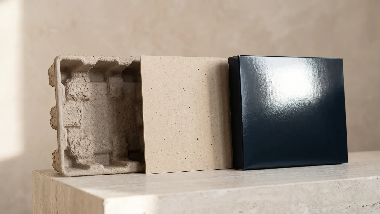A moulded pulp tray and uncoated recycled board beside a laminated box panel, showing the difference in surface