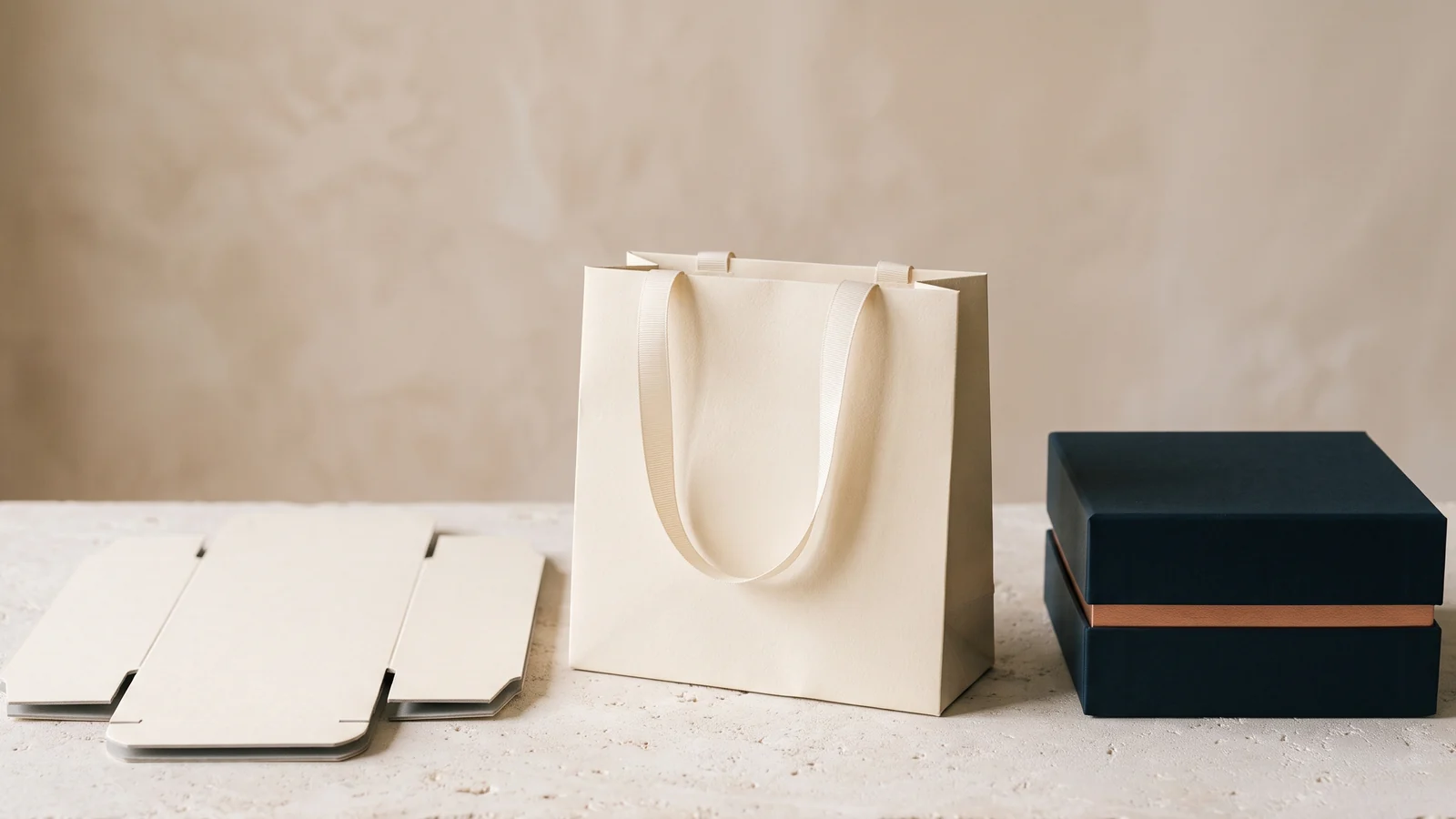 A rigid box, a folding carton and a paper bag arranged to compare construction and finish